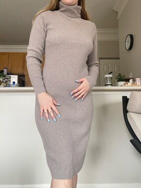 GAP Ribbed Turtleneck MIDI Sweater Dress - Taupe
